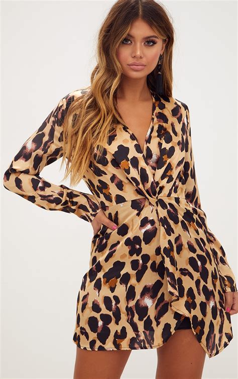 Leopard Print Satin Long Sleeve Wrap Dress Prettylittlething Usa