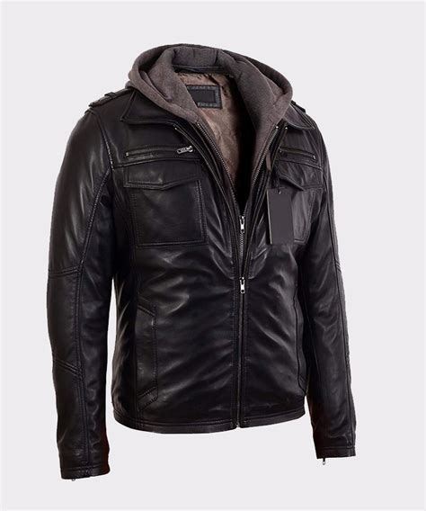 Mens Black Bomber Lambskin Real Leather Jacket With Removable Hood