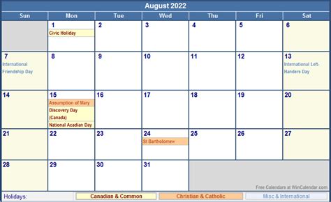 August 2022 Canada Calendar With Holidays For Printing Image Format
