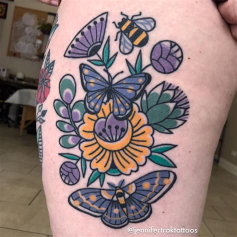 Flowers And Bees And Butterflies Tattoo Botanical Tattoo Floral Tattoo