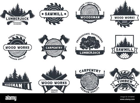 Wood Works Badge Lumberjack Sawmill And Carpentry Emblems Trees