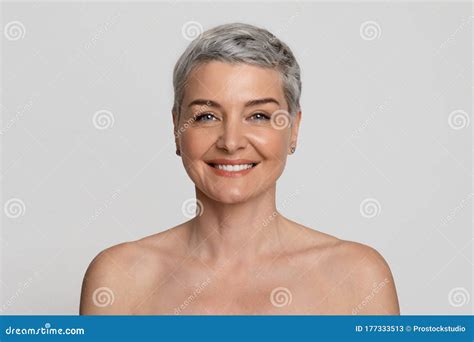Beauty Portrait Of Attractive Nude Mature Woman With Short Hair Stock Image Image Of Closeup