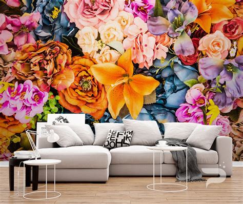 Floral Wall Mural Colorful Flowers Wallpaper Beautiful Etsy In 2020