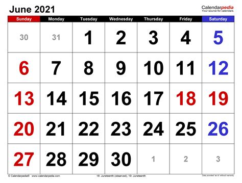 June 2021 Calendar | Templates for Word, Excel and PDF