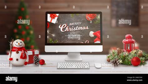Merry Christmas Scene With Computer Display On Work Desk Concept Of