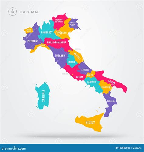 Regions Map Of Italy Mappa Delle Regioni Italia Colore Stock Vector