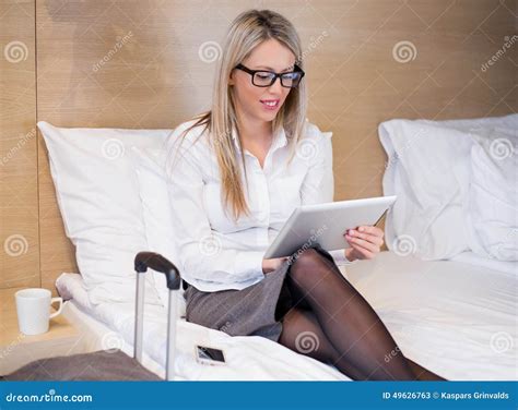 Business Woman Using Tablet Computer In Hotel Room Stock Image Image