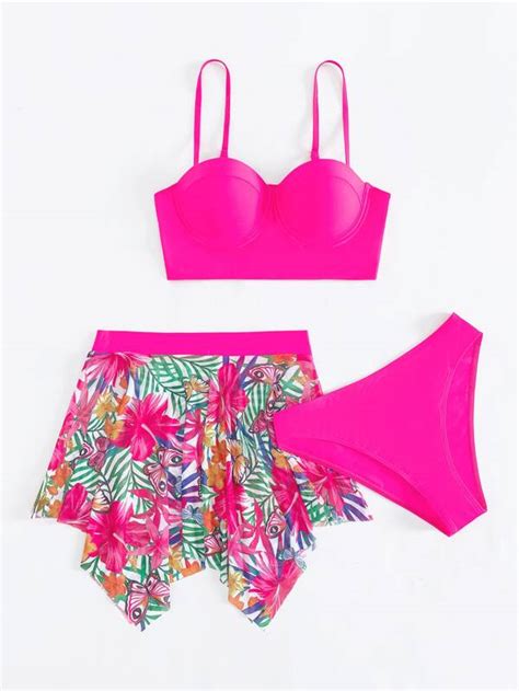 Tropical Print Bikini Set Push Up Bra Top And Bikini Bottom And Beach Skirt 3 Piece Swimsuit Shein Uk