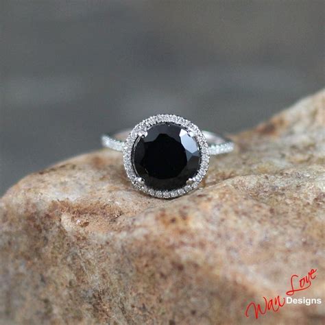 Black Spinel And Diamond Round Halo Engagement Ring 3ct 9mm 14k 18k White