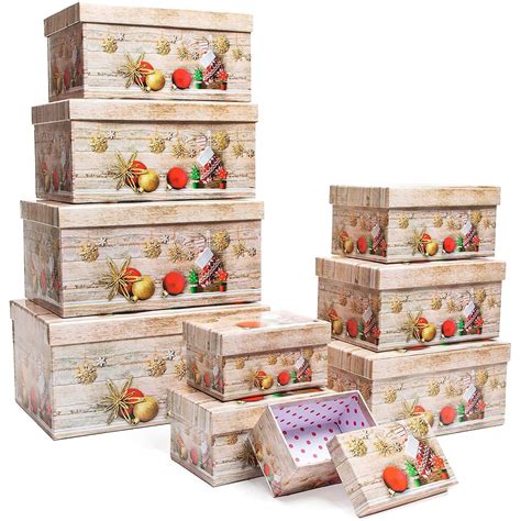 Christmas T Boxes With Lids 10 Sizes Kraft Paper Boxes Bundle Ornament Designs 10 Pack