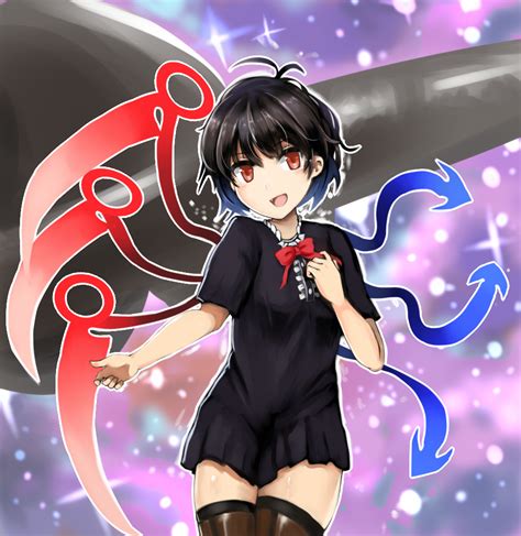 Safebooru 1860 Ichi 1girl Asymmetrical Wings Black Dress Black Hair Black Legwear Dress