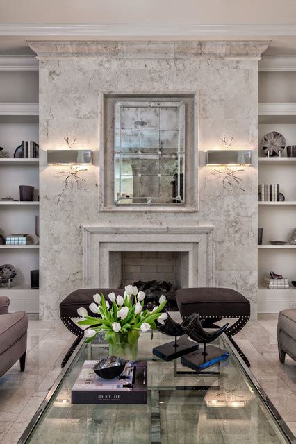Elegant Living Room W Limestone Fireplace Transitional