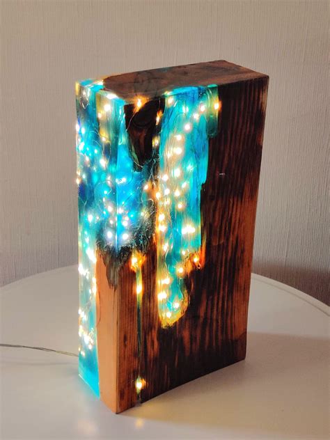 Blue Tinted Resin Reclaimed Antique Pine Wood Light Block Sculpture