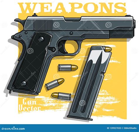 Graphic Detailed Handgun Pistol With Ammo Clip Stock Vector