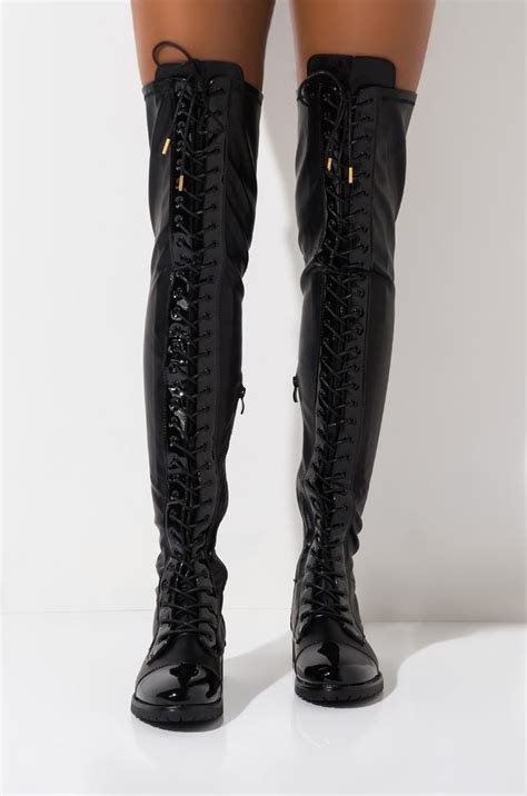 Azalea Wang Faux Leather Lace Up Thigh High Flat Combat Boot In Black Boots High Heel Boots