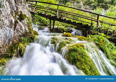 Waterfall Under A Footbridge In Plitvice Lakes National Park Croatia
