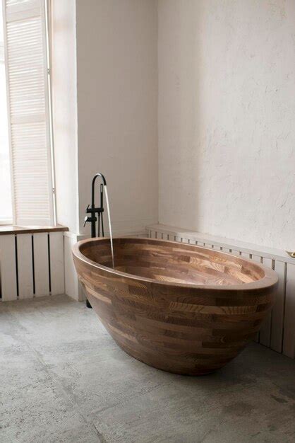 Premium Photo Bathroom Interior With Wooden Bathtub