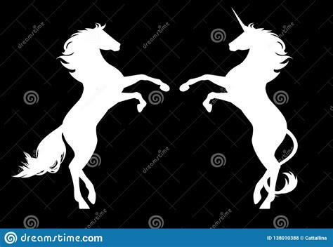 White Horse And Unicorn Standing Vector Silhouettes Stock Vector