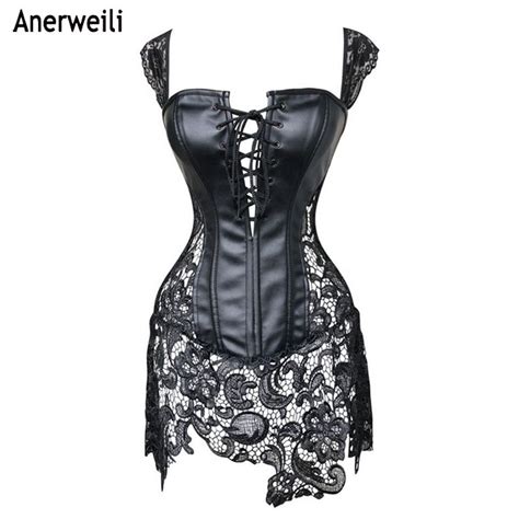 Sexy Womens Plus Size Leather Hollow Ribbon Corset Embroidery Sexy