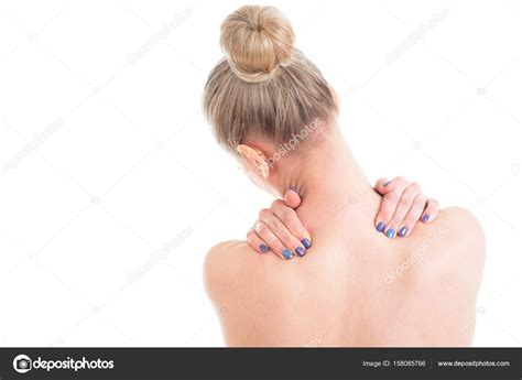 Naakte vrouw met handen op de nek Achteraanzicht Geïsoleerd op witte