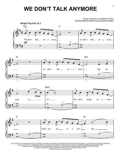We Dont Talk Anymore Feat Selena Gomez Sheet Music Charlie Puth