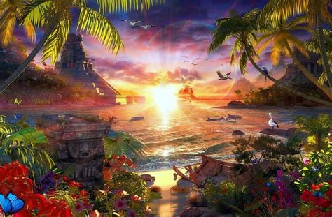 1080p Free Download Day In Paradise Beach Sunset Fantasy Sea Hd