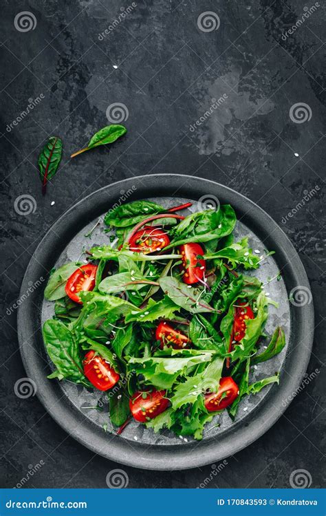 Fresh Green Mixed Lettuce Salad Bowl With Tomato Microgreen And Sesame