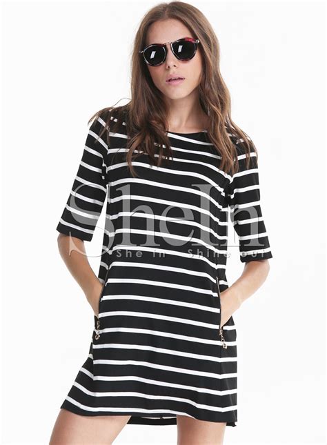 Black White Half Sleeve Striped Pockets Dress 1799 Black White Striped Dress Black White