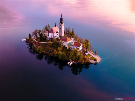 Drone View Of Bled Island At Sunrise Slovenia Royalty Free Image