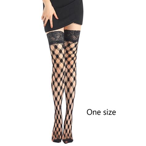 Women Sexy Fishnet Thigh High Stockings With Silicone Lace Top Stay Up