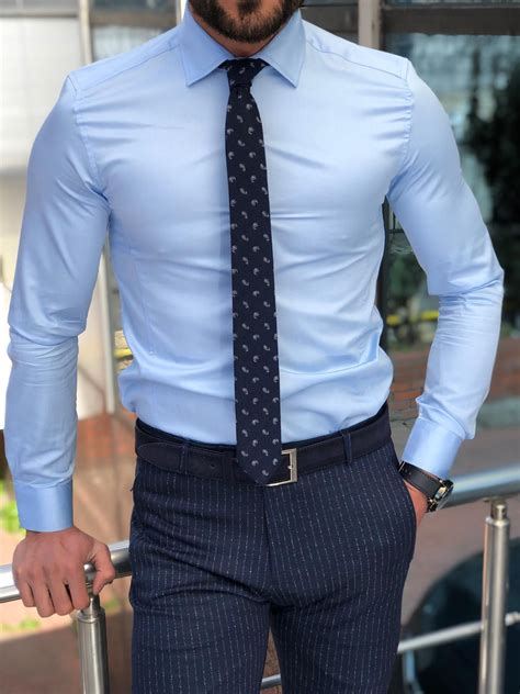 Buy Blue Slim Fit Dress Shirt By With Free Shipping Mens