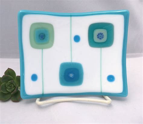 Aqua And White Fused Glass Dish Mid Century Modern Squares Etsy Fused Glass Dishes Glass