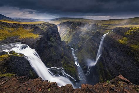 Landscape Nature Waterfall Canyon River Dark Clouds Iceland Wallpaper