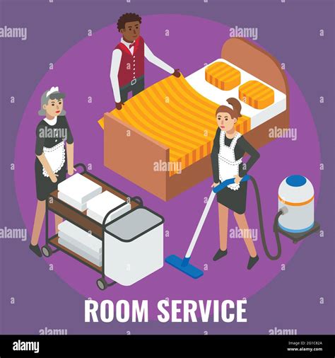 Hotel Staff Maid Cleaner Characters Making Bed Cleaning Room Flat Vector Isometric