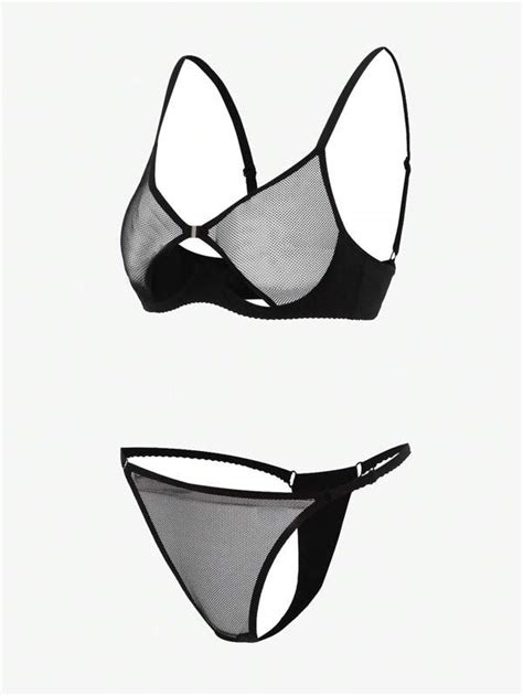 Classic Sexy Contrast Mesh Cut Out Thong Lingerie Set Shein Uk