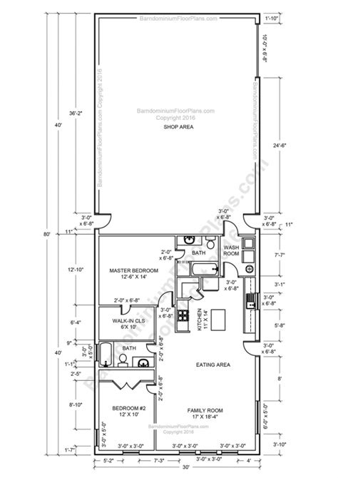 2 Bedroom 2 Bath Barndominium Floor Plan For 30 Foot Wide Building With