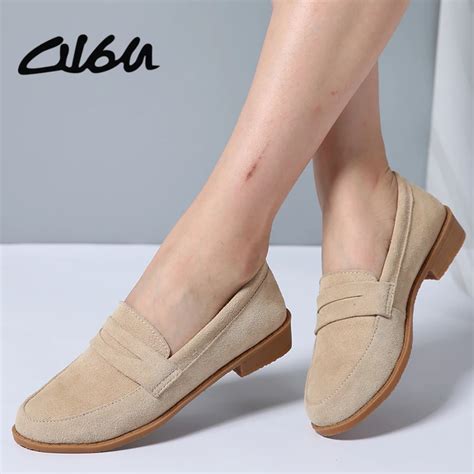 O16u Women Ballet Flats Shoes Suede Leather Slip On Ladies Cute Casual