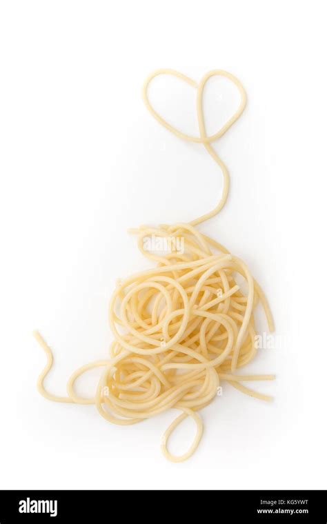 Plain Cooked Spaghetti Pasta Pile With Heart On White Background Stock