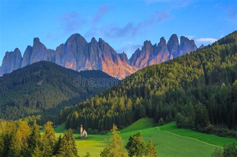 Sunset At St Johann Church Santa Maddalena Stock Image Image Of