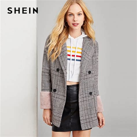Shein Multicolor Double Button Pocket Notched Neck Coat 2018 Streetwear