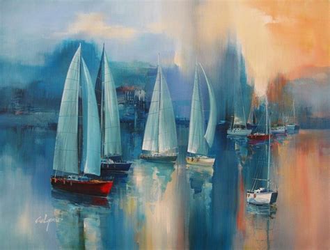 Wilfred Lang Boats Acrylic On Canvas Semi Abstract Painting 21st