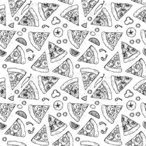 Hand Drawn Vector Seamless Pattern Pizza Types Of Pizza Stock Vector