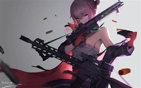 Safebooru 1girl Absurdres Ar 15 Armor Armpits Assault Rifle Bangs Blue Eyes Breasts Bullet