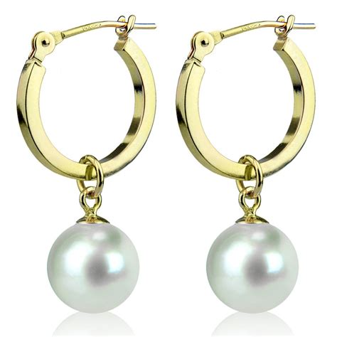 K Yellow Gold Round White Freshwater Cultured Pearl Hoop Dangle