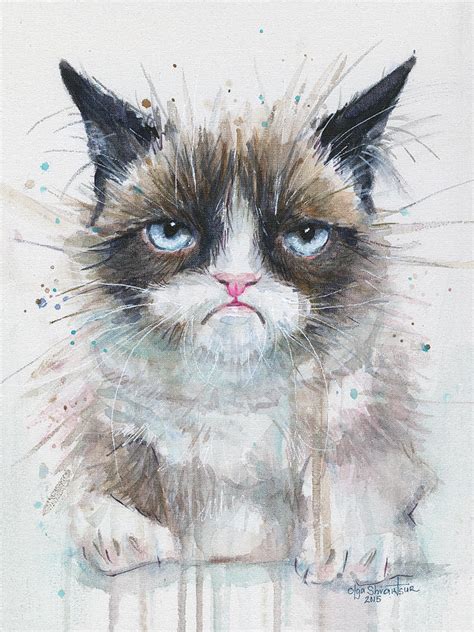Grumpy Cat Watercolor Painting Painting By Olga Shvartsur Pixels