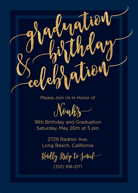 Navy Blue And Gold Graduation Birthday Party Invitation Etsy