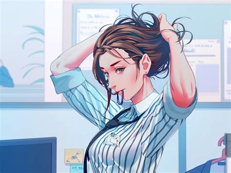 Desktop Wallpaper Office Anime Girl Adjusting Hairs Art Hd Image Picture Background 962e9e