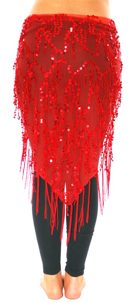 Elegant Red Sequin Fringe Mesh Belly Dance Hip Scarf