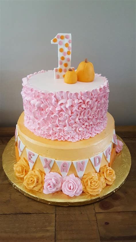 Pink Flowers And Pumpkins First Birthday Cake Mueller S Bakery