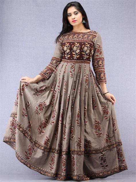 Falak Hand Block Mughal Printed Long Cotton Embroidered Dress Ds10 Indubindu Cotton Long